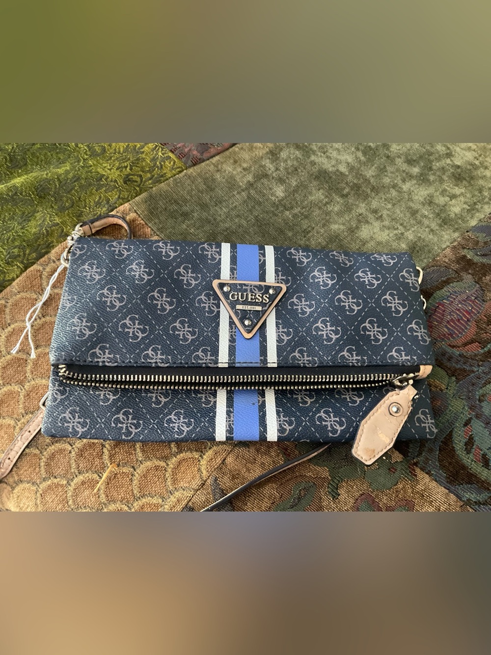 GUESS Navy Crossbody Wallet with Blue and White Stripes